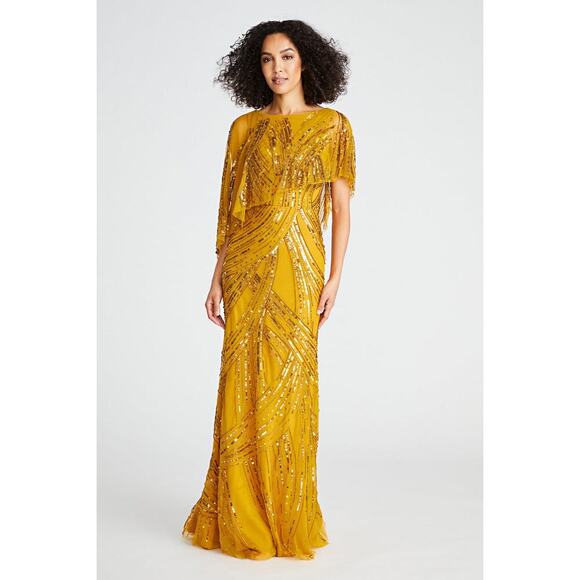 Theia Ayla Beaded Shawl Gown Cape Sleeve Gold/Bronze Size 2 NWT - Picture 4 of 14